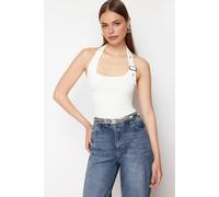 Wovcor Halter Neck Belt Detail Fitted Knitted Blouse With Buckle Accent In White White
