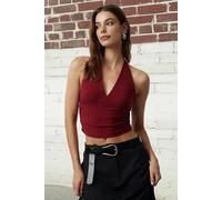 WOVCOR Halter Neck Patterned Fitted Crop Knit Blouse - Burgundy - S