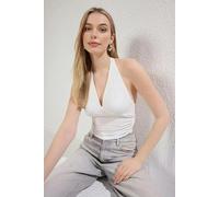 WOVCOR Halter Neck Patterned Fitted Crop Knit Blouse - Ecru - S