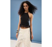 Wovcor Halter Neck Sleeveless Ruffle Detail Tulle Mesh Blouse In Black Black