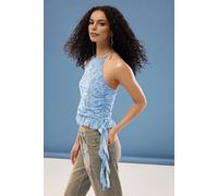 Wovcor Halter Neck Sleeveless Ruffle Detail Tulle Mesh Blouse In Blue Blue