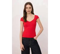 WOVCOR Heart Neckline Fitted Cotton Stretch Knit Blouse - Red - XS