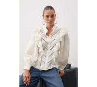 Wovcor High Neck Balloon Sleeve Boho Applique Shirt In Ecru Ecru