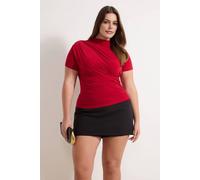 Wovcor High Neck Draped Detail Short Sleeve Fitted Top In Red Red