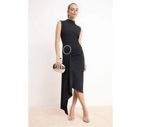 Wovcor High Neck Draped Midi Dress With Hardware Waist Detail In Black Black