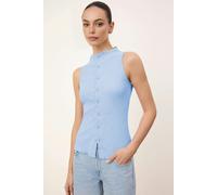 WOVCOR High Neck Long Sleeve Button Front Frill Detail Fitted Blouse - Blue - XS