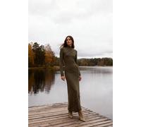 Wovcor High Neck Long Sleeve Panel Detail Maxi Dress In Khaki Khaki