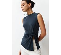 Wovcor High Neck Ruched Detail Modal Knit Blouse In Dark Grey Dark Grey