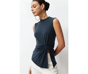 Wovcor High Neck Ruched Detail Modal Knit Blouse In Dark Grey Dark Grey