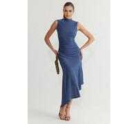 Wovcor High Neck Sleeveless Ruched Waist Asymmetric Hem Dress In Indigo Indigo