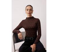 Wovcor High Neck Stretch Knit Blouse With Stud Embellishment Detail In Brown Brown XS