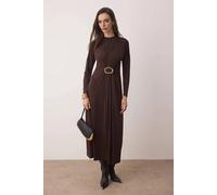 Wovcor High Neck Stretch Knit Midi Dress With Buckle Detail In Brown Brown