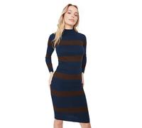Wovcor High Neck Striped Ribbed Long Sleeve Midi Knit Dress In Navy Navy