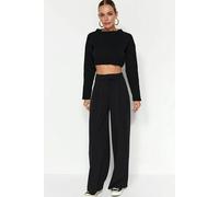 WOVCOR High Waist Pleated Wide Leg Trousers with Velcro Closure - Black - S