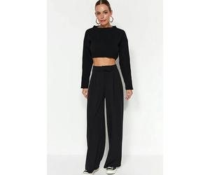 WOVCOR High Waist Pleated Wide Leg Trousers with Velcro Closure - Black - XL