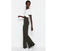 Wovcor High Waist Split Hem Flared Knit Trousers In Khaki Khaki