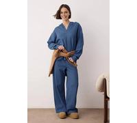 Wovcor Hooded Button Placket Cotton Waffle Knit Wide Leg Loungewear Set In Blue Blue L