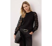 Wovcor Knitted Crew-Neck Sweater With Sheer Tulle Floral Sleeves In Black Black L