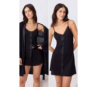 Wovcor Lace And Satin Detail V Neck Strappy 4 Piece Pyjama Set In Black Black