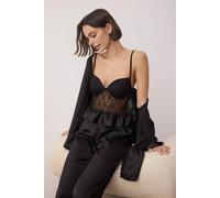 Wovcor Lace Corset Satin Robe And Wide Leg 3-Piece Pyjama Set In Black Black