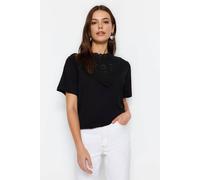 Wovcor Lace Detail High Neck Short Sleeve Stretch Top In Black Black