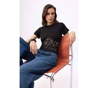 Wovcor Lace Panel Crew Neck Short Sleeve Fitted Contrast Top In Black Black