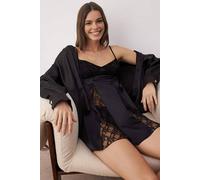Wovcor Lace Panel Satin Strappy Nightdress With Flared Hem In Black Black