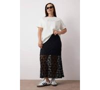Wovcor Lace Textured Midi Skirt With Sheer Panel Detail In Black Black