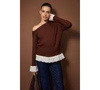 Wovcor Lace Trim Boat Neck Knit Jumper In Brown Brown L