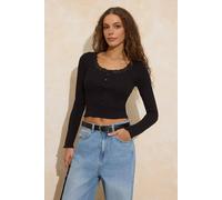 Wovcor Lace Trim Button Front Ribbed Cropped Cardigan Top In Black Black