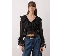 Wovcor Lace Trim Ruffle Detail Tie Front Woven Blouse In Black Black 8