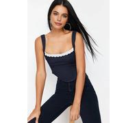 Wovcor Lace Trim Strappy Denim Crop Bustier Top In Dark Blue Dark Blue