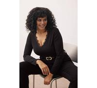 Wovcor Lace Trim V Neck Long Sleeve Bodysuit In Black Black