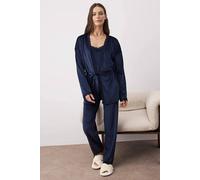 Wovcor Lace Trim Velvet Cami Belted Robe And Trouser 3-Piece Pyjama Set In Navy Navy