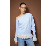 WOVCOR Lace Trimmed Boat Neck Knit Sweater - Blue - M