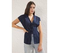 Wovcor Lace Up Panel Detail V Neck Short Sleeve Plain Shirt In Navy Navy