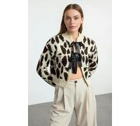 WOVCOR Leopard Patterned Crop Soft Textured Knit Cardigan - Stone - S