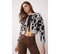 Wovcor Leopard Print Crop Knit Cardigan Button Detail In Light Grey Light Grey