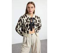 Wovcor Leopard Print Crop Knit Cardigan Button Detail In Stone Stone S