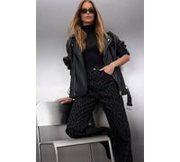 Wovcor Leopard Print High Waist Suede Look Wide Leg Trousers In Black Black