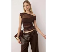 WOVCOR Lined Carmen Neck Knitted Tulle Party Blouse - Dark Brown - 8