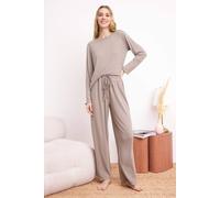 Wovcor Long Sleeve Ribbed Pointel Pyjama Set In Beige Beige