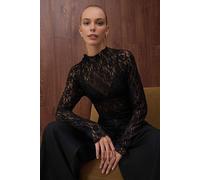 Wovcor Long Sleeve Sheer Lace High Neck Fitted Knit Top In Black Black