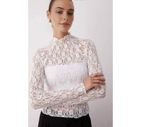 Wovcor Long Sleeve Sheer Lace High Neck Fitted Knit Top In White White