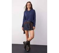 Wovcor Loose Fit Long Sleeve Knit Sweater With Polo Collar In Navy Navy