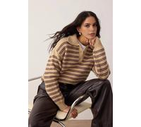 Wovcor Loose Fit Special Yarn Striped Knit Sweater With Button Collar In Camel Camel