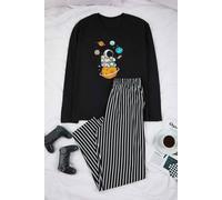 WOVCOR Men's 2 Piece Cotton Pajama Set with Astronaut Print & Stripe Detail in Black | Size: Medium WOVCOR Black M