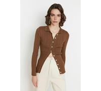 WOVCOR Mercerized Look Ribbed Polo Neck Knit Cardigan - Brown - S