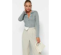 WOVCOR Mercerized Look Ribbed Polo Neck Knit Cardigan - Mint - S