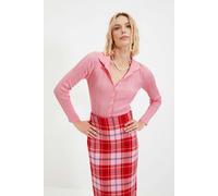 WOVCOR Mercerized Look Ribbed Polo Neck Knit Cardigan - Pink - M